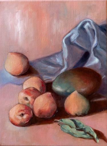 Still life with peaches and mango. Oil on linen canvas. thumb