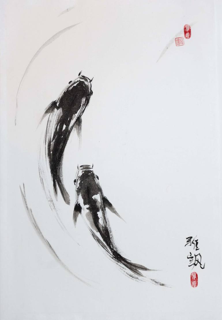 Two koi fish swimming somewhere in clear waters. Painting by Yasa MT