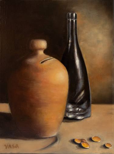 Still life with ceramic money pot, wine bottle and gold coins. thumb