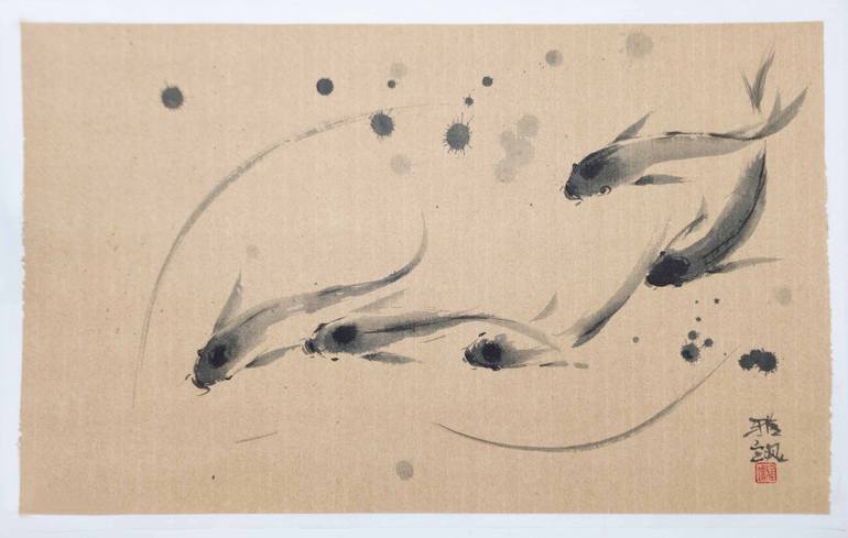 A shoal of koi fish swimming their way in clear Painting