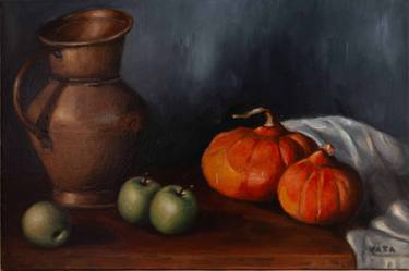 Still life with apples, pumpkins and brass jug. thumb