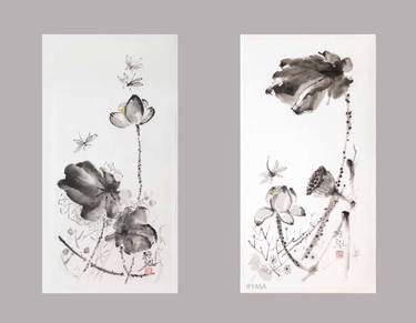 Dragonflies in a lotus pond. TWO paired artworks. thumb