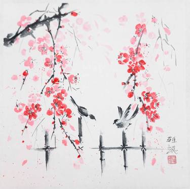 Cherry blossoms and birds on a bamboo fence. thumb