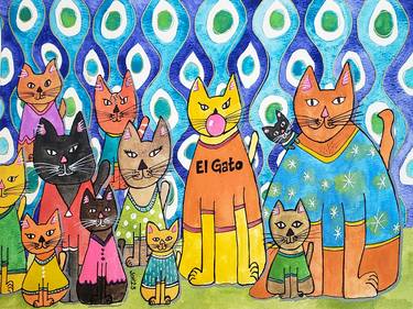 Original Folk Cats Painting by Jo Claire Hall