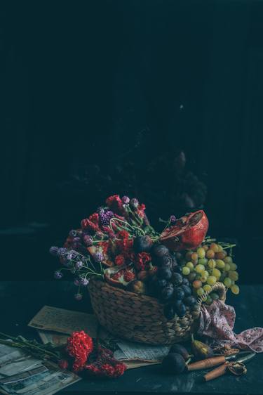 Fruit basket, pomegranates, grapes, figs and nuts thumb