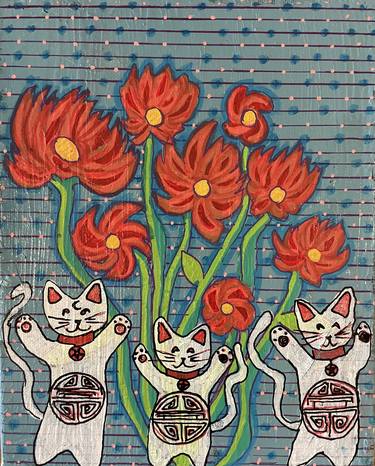 Culture clash long life good fortune cats and flowers thumb