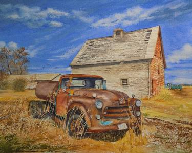 Old Rusty Truck Behind the Barn in Watercolor 11x14 thumb