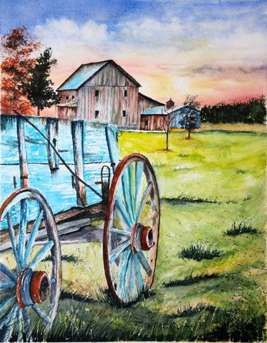 Blue Wagon on Farm at Sunset in Watercolor 11x14 thumb