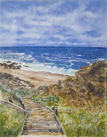 Steps to the Sandy Beach and Dark Blue Ocean Waters 11x14 thumb