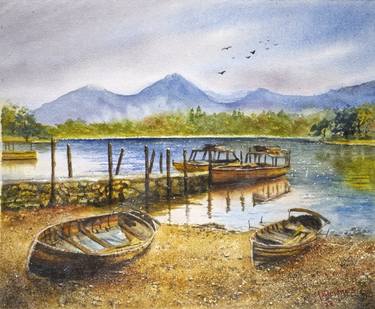 Boat on Sandy Shore of Blue Lake with Blue Mountains 11x14 thumb