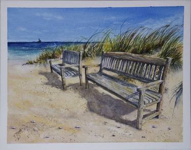Benches on the Beach in Watercolor 11x14 thumb