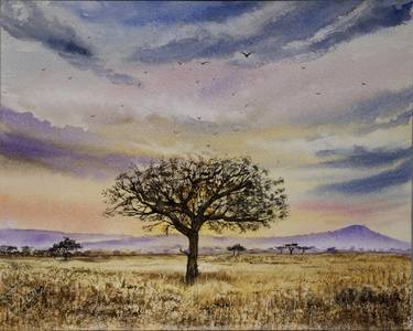 Acacia Tree in Golden African Grasslands in Watercolor 11x14 thumb