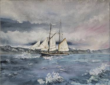 Ship in Stormy Seas with Gray and Pink Sky 11x14 thumb