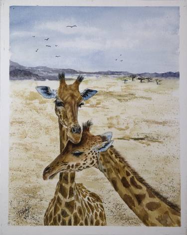 Giraffe and her Baby on the Savanah in Africa 11x14 thumb