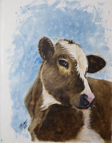 Sweet Brown Cow in Watercolor 11x14 thumb