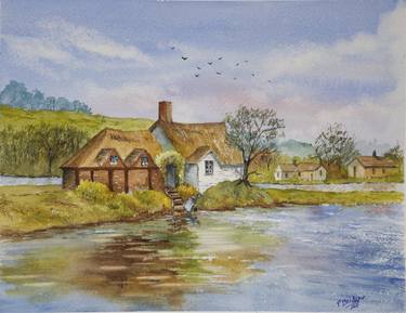 English Cottage on the River in Watercolor 11x14 thumb