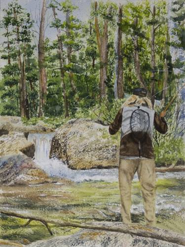 Fly Fishing in the River in Watercolor 9x12 thumb