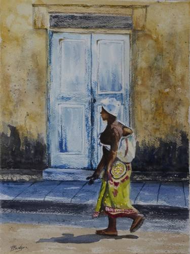 African Mother walking by Blue Door in Watercolor 9x12 thumb