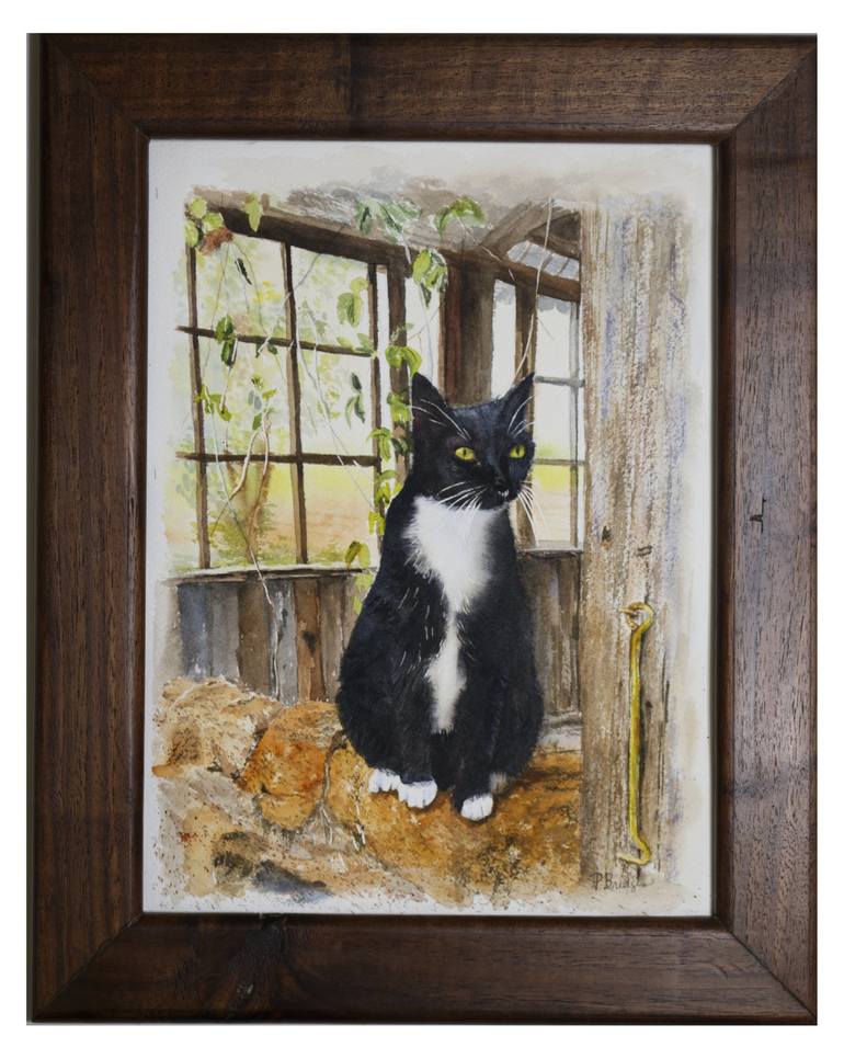 Black and White Tuxedo Cat in Watercolor 9x12