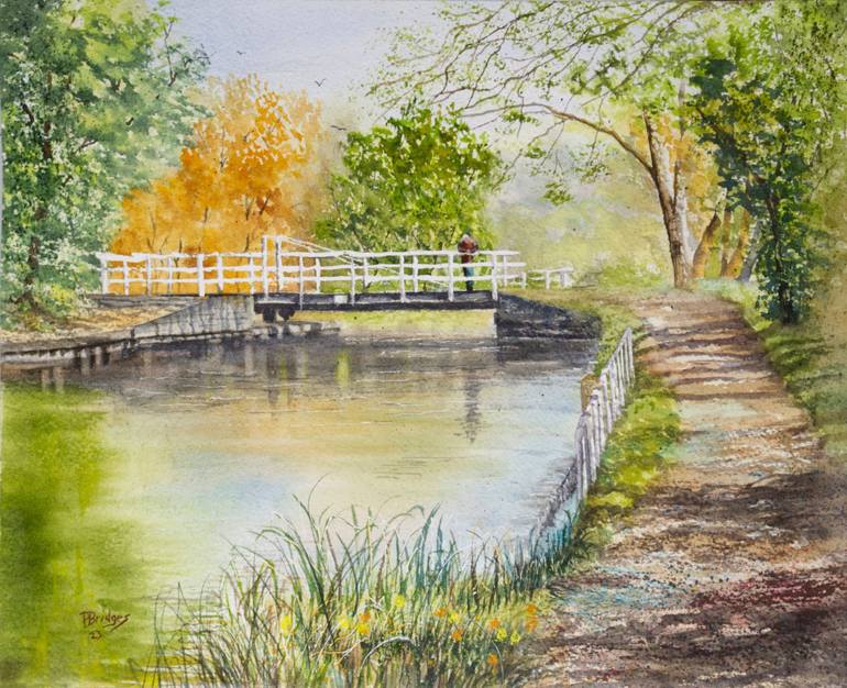 Original Landscape Painting by Paula Bridges | Expressionism Art on Other | Autumn Day Serenity at the Lake in Watercolor 11x14