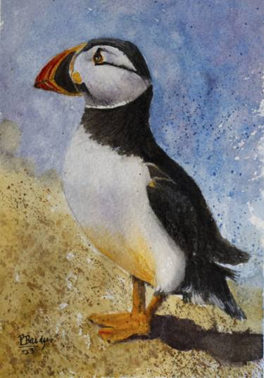Puffin on the Sand Original Watercolor 5x7 thumb