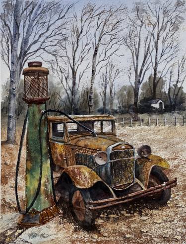 Rusty Old Car with Vintage Gas Pump in Watercolor 9x12 thumb