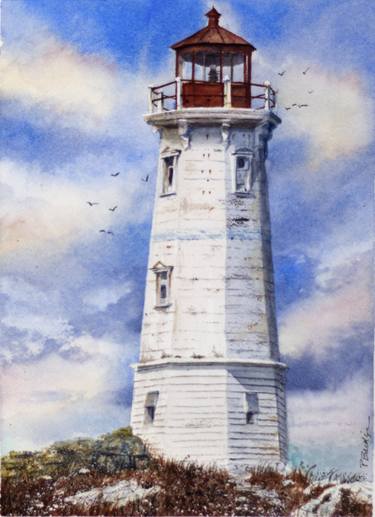 Louisbourgh Lighthouse Nova Scotia in Watercolor 9x12 thumb