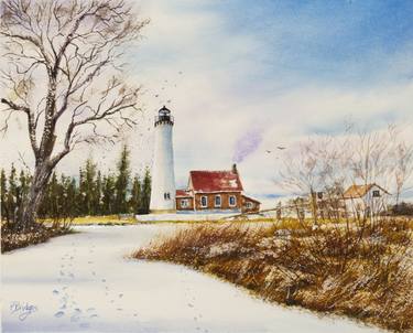Tawas Point Lighthouse on Snowy Road in Watercolor 11x14 thumb