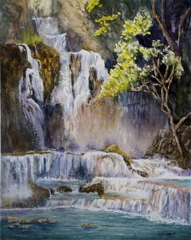 Cascading Waterfall Laos Kuang Si in Watercolor 11x14 thumb