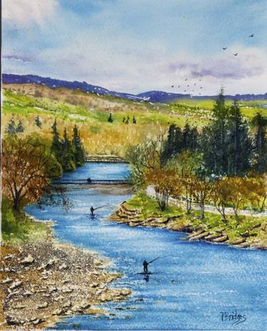 Blue Water River at Pitochry Scotland in Watercolor 8x10 thumb