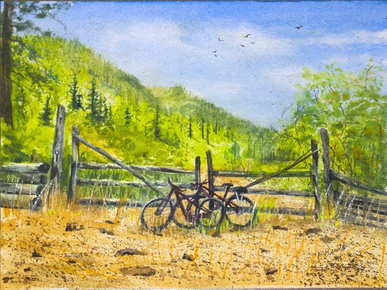 Old Red Barn in the Wheat Fields in Watercolor 11x14 Painting by