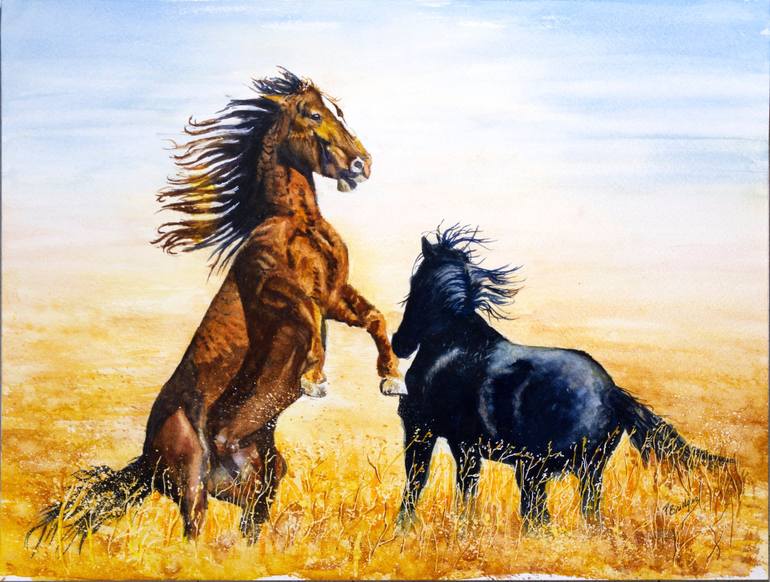 Original Animal Painting by Paula Bridges | Impressionism Art on Paper | Wild Horses of the West in Watercolor