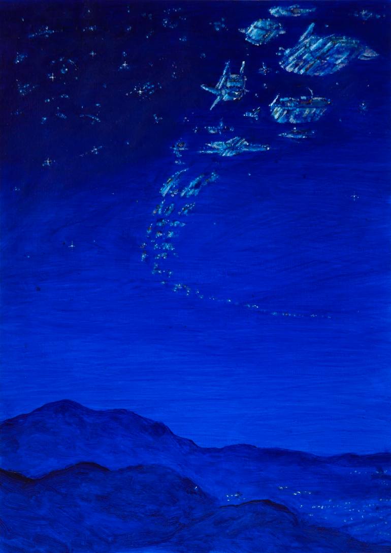 Original Landscape Painting by Michele Gammieri | Figurative Art on Paper | viaggiatori celesti 05 - The Celestial Travelers 05