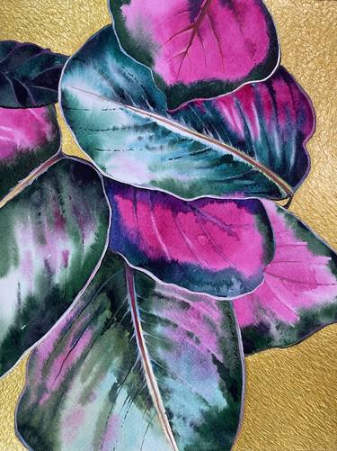 Green pink leaves Painting Oksana Lerman USA thumb
