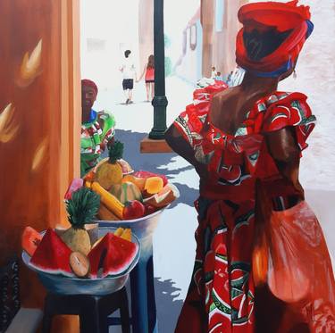 Woman with fruits, acrylic painting, red, exotic, cityscape thumb