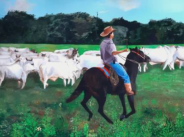 Cowboy, horse and cows thumb
