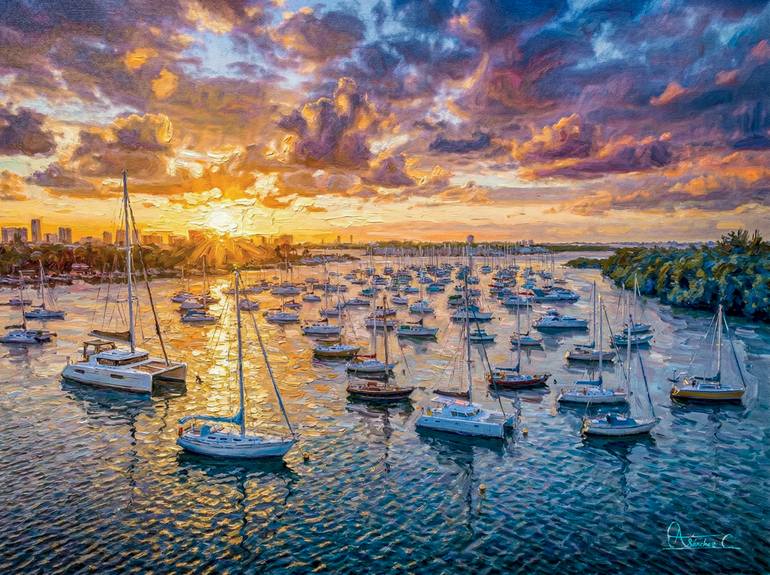 Original Seascape Photography by Orlando Sanchez Cabrera | Contemporary Art on Paper | Golden sunset at the marina