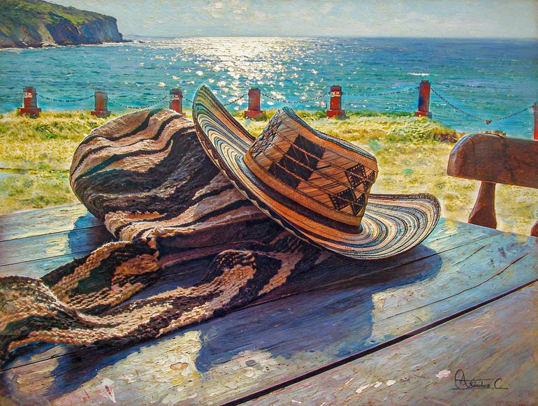 Original Seascape Photography by Orlando Sanchez Cabrera | Contemporary Art on Paper | Caribbean Identity: Vueltiao Hat and Wayuu Mochila by the Sea