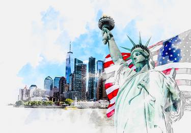 Statue of Liberty with American flag and New York on background thumb