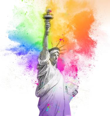 Statue of Liberty with colorful rainbow holi paint dust explosion thumb