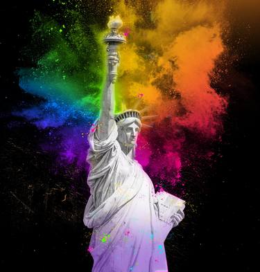 Statue of Liberty with colorful rainbow holi paint dust explosion thumb