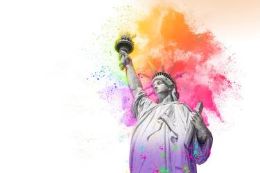 Statue of Liberty with colorful rainbow holi paint dust explosion thumb