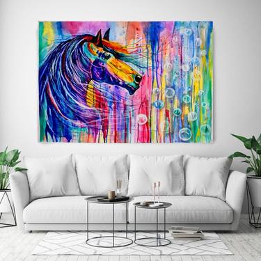 Watercolor unique horse painting on canvas, bring liveliness thumb