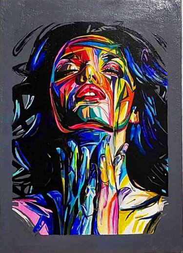 Girl on the colorful world, abstract girl painting on canvas thumb