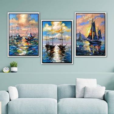 Sailboat three panels oil painting, 10×14" each,fast delivery thumb