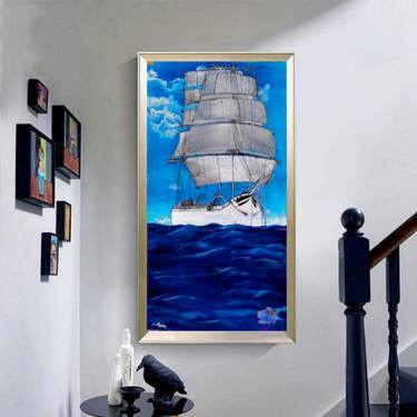Sailing ship on river, original acrylic canvas painting 60×35 cm thumb