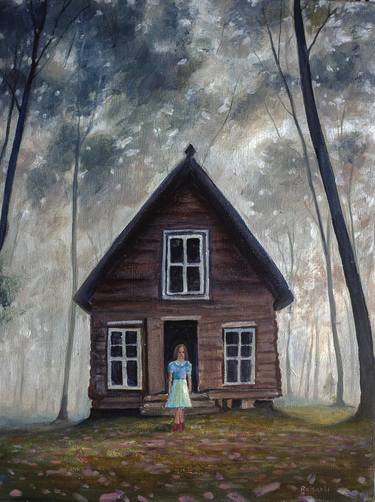 Silent dream - girl in a foggy forest, house and flowers thumb