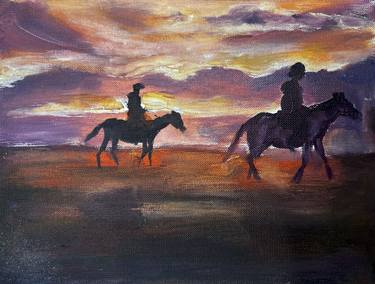 Microlandscape 17 -  two horse riders on lilac sunset thumb