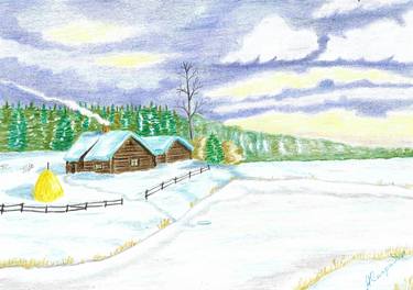 "Winter mood of a magical forest and a house in the village" thumb