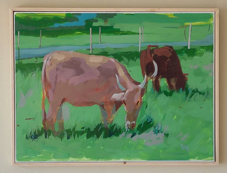 Original Fine Art Cows Painting by bg lee